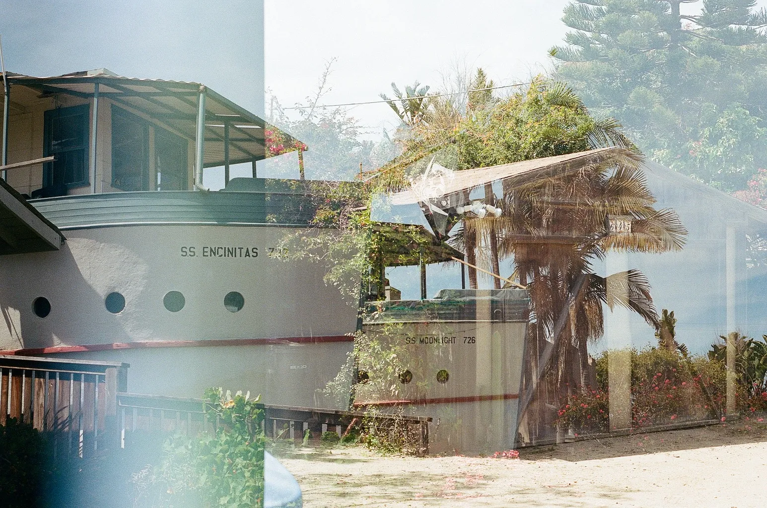 Double exposure of a boat-shaped house and a garden