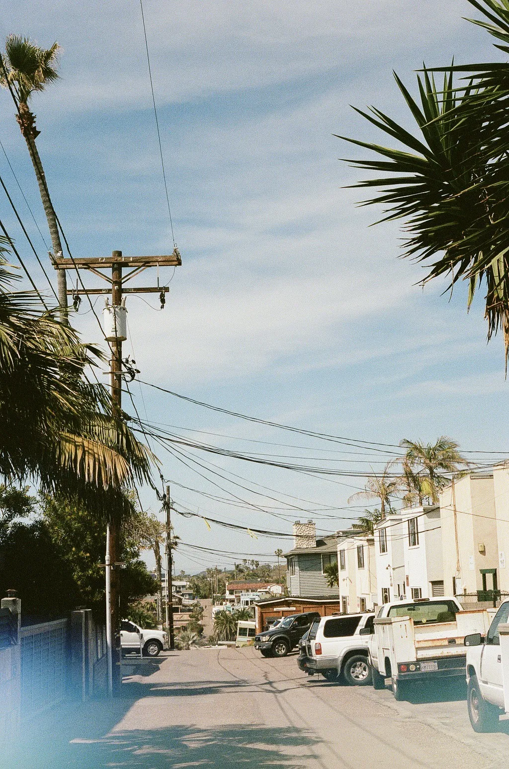 A beach town street with palm trees and power lines