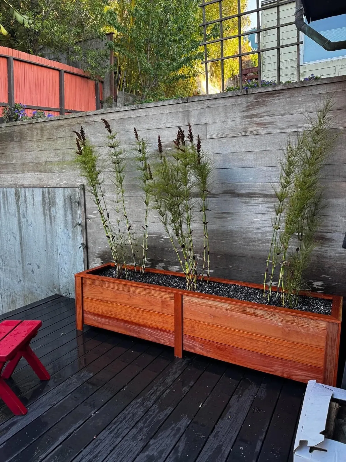 A long cedar planter with bamboo against a backyard fence